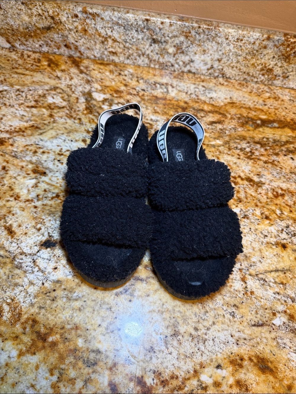 UGG Black Fuzzy Slide Sandals with Logo Slingback